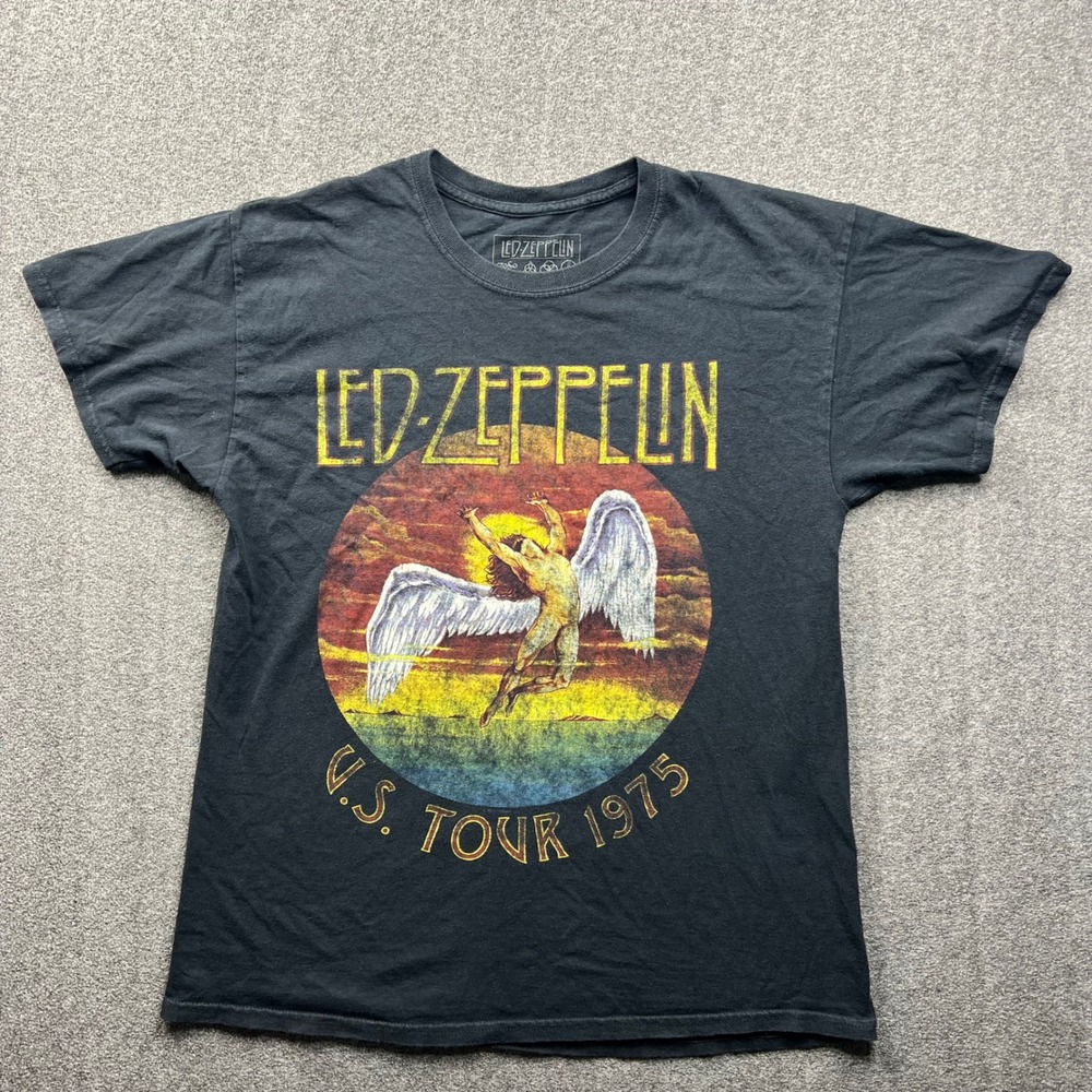 Led Zeppelin T-Shirt Mens Large Black US Tour 1975 Icarus Graphic Short Sleeve